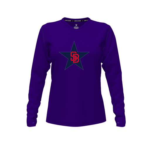 [CUS-DFW-TEES-CMF-VNK-LSL-PUR-FYXS-LOGO3] Decker Comfort T-Shirt (Female Youth XS, Purple, V Neck, Logo 3, Long Sleeve)